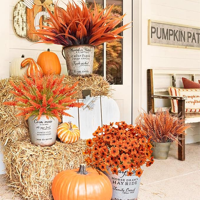 Faux Fall Flowers Outdoor, 16Pcs Artificial Fall Flowers UV Resistant Autumn Plastic Flowers Plants Fall Greenery Shrubs for Outside Porch Patio Garden House Thanksgiving Decor