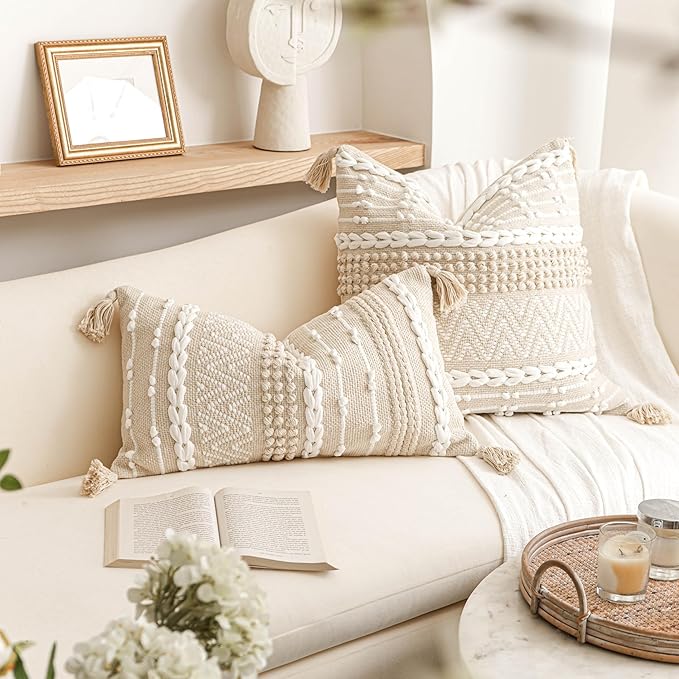 Boho Throw Pillow Cover 22X22, Large Decorative Accent Pillow for Couch, Square Woven Textured Pillowcase, Modern Boho Pillow for Bed, Bohemian Pillow Cover, Cream White (Pack of 1)