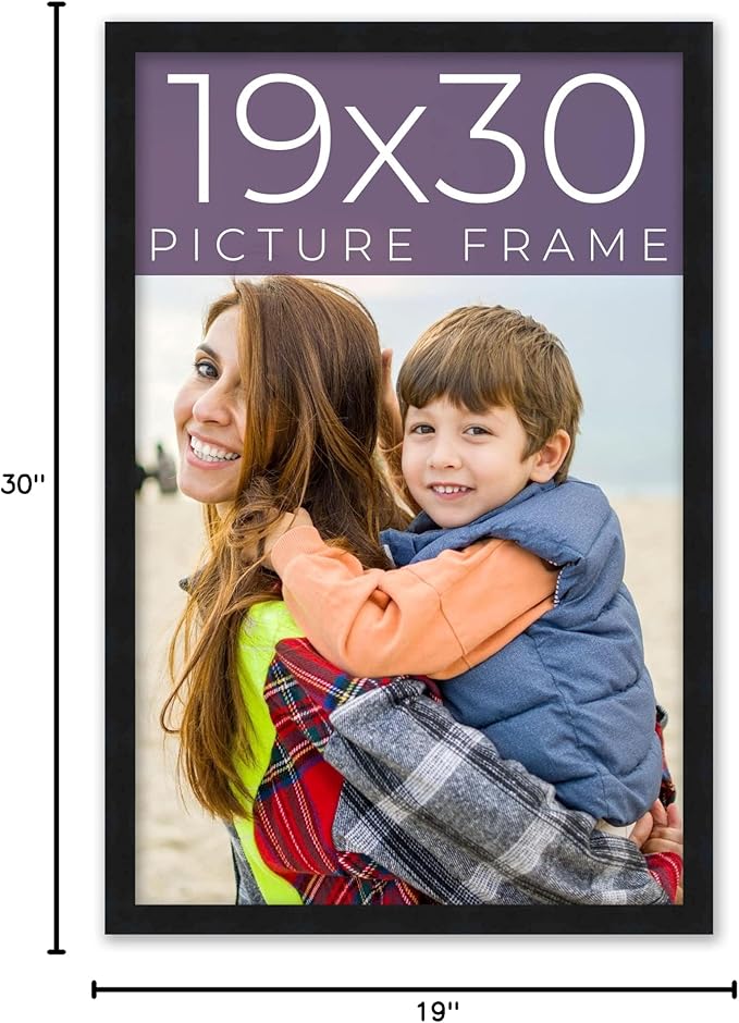 19x30 Frame Black Real Wood Picture Frame Width 0.75 Inches | Interior Frame Depth 0.5 Inches | Noir Classique Mid Century Photo Frame Complete with UV Acrylic, Foam Board Backing & Hanging Hardware