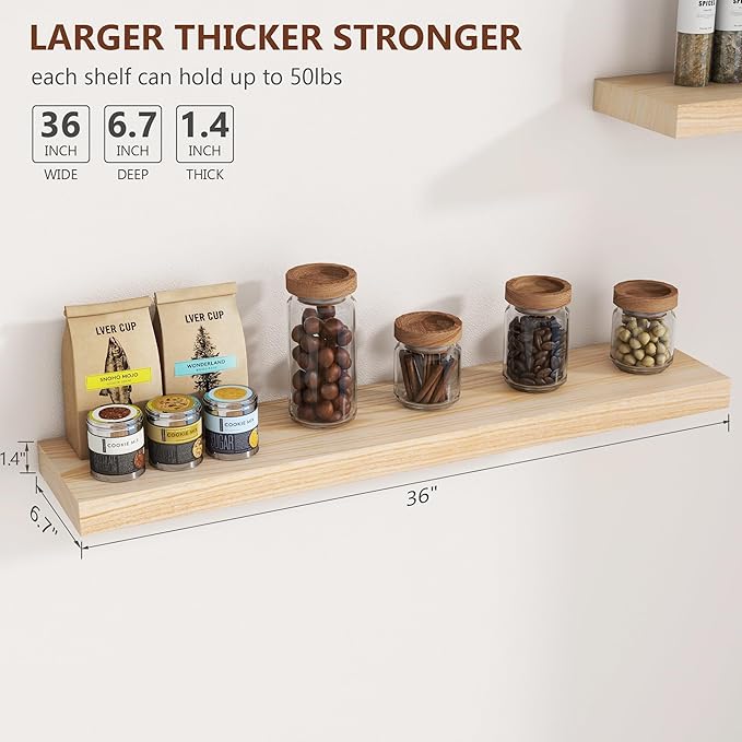 Fuqing Natural Floating Shelves, 36 Inch Set of 2, Raw Wood for Living Room & Home Office