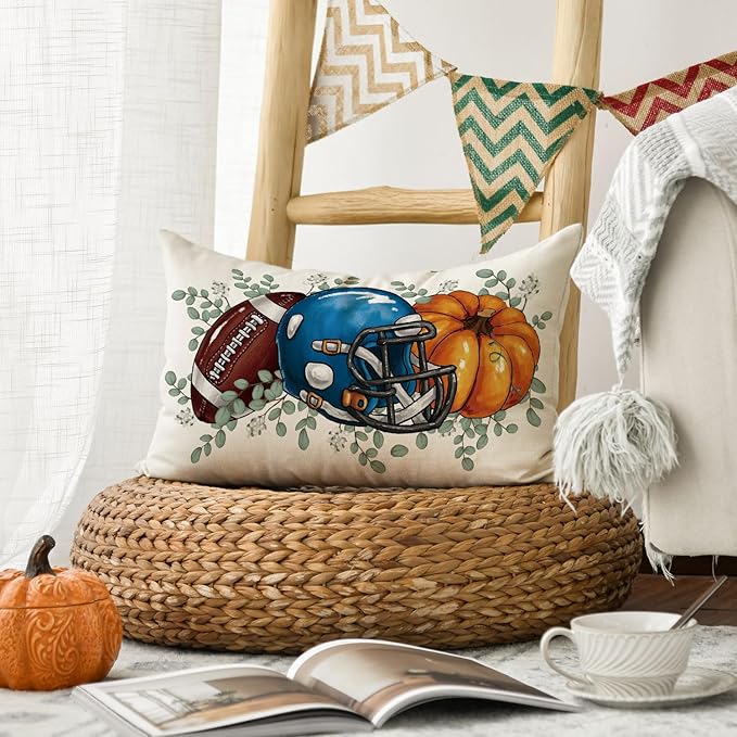 AVOIN colorlife Fall Football Pumpkin Throw Pillow Cover 12x20 Inch, Seasonal Autumn Eucalyptus Leaves Thanksgiving Harvest Blue Cushion Case Decoration for Sofa Couch