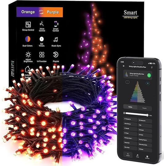 Brizled Smart Halloween Lights, 300 LED 98FT Orange & Purple Color Changing String Lights APP & Voice Control, Music Sync, Dimmable Ghostfire Flow Light for Outdoor Indoor Halloween Thanksgiving Decor