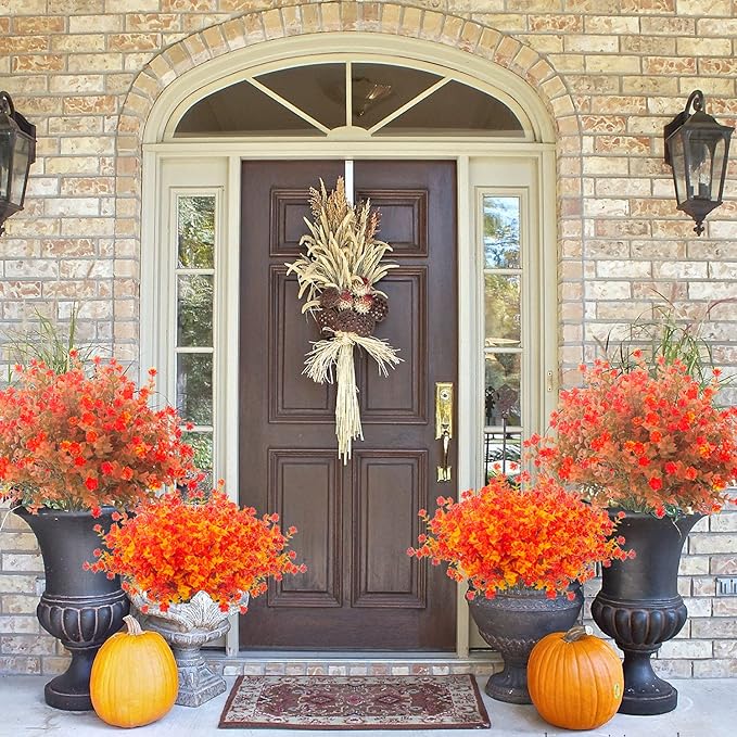 Artificial Fall Flowers, Fake Outdoor UV Resistant Autumn Plants for Home Kitchen Christmas Festival Thanksgiving Autumns Decoration(Fall Orange)