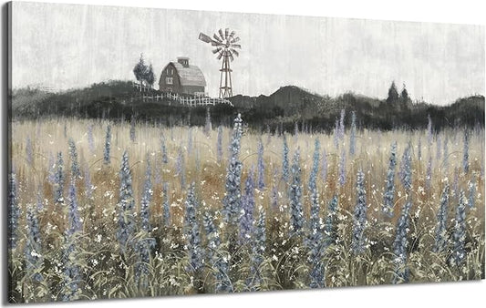 Large Canvas Wall Art for Living Room Rustic Countryside Scenery Vintage Farmhouse Print Painting Nature Wilderness Landscape Wildflower Field Meadow Picture Classical Framed Artwork 30x60inch