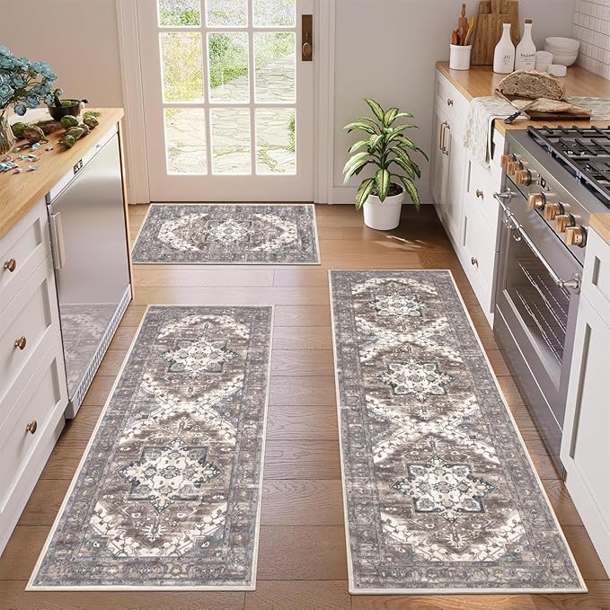 Pauwer Kitchen Mats for Floor 3 Piece Set Boho Non Slip Kitchen Rugs Washable Farmhouse Kitchen Floor Mats Thick Long Kitchen Throw Area Rug Carpet Runner for Hallway Laundry Bathroom, Grey Brown