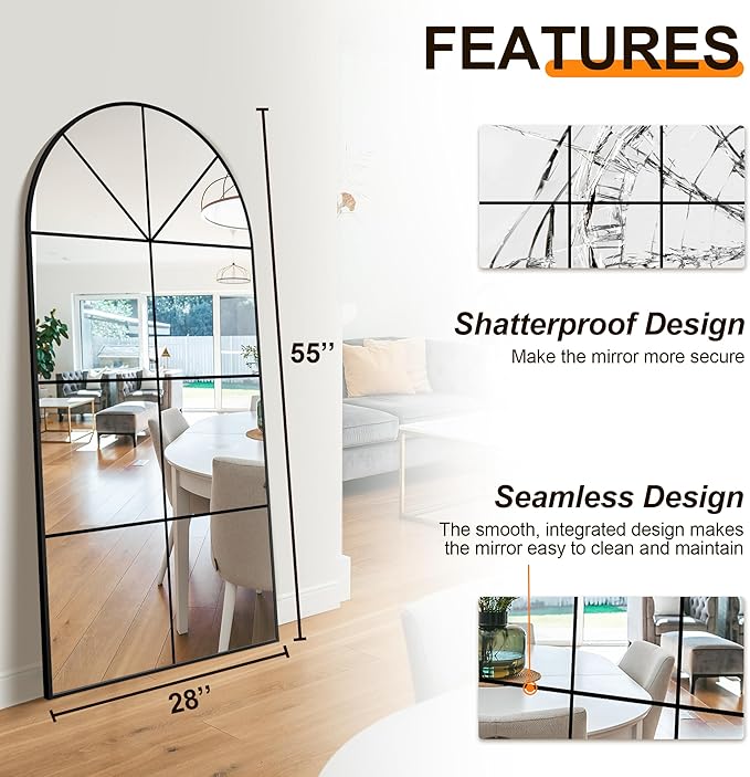 Wall Mirror,Full Length Floor, Window Pane for Living Room Decor, Decorative Wall Art, Large Wall for Bedroom, Hallway, Living Room Arch-27"X55"