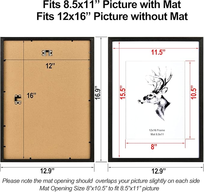 Yaetm 12x16 Black Picture Frame with Mat for 8.5x11 Set of 4, Solid Wood Frame 12 x 16 for Photos, Posters & Art Prints, Horizontal and Vertical Wall Mount (4 pack, Anthracite Black)