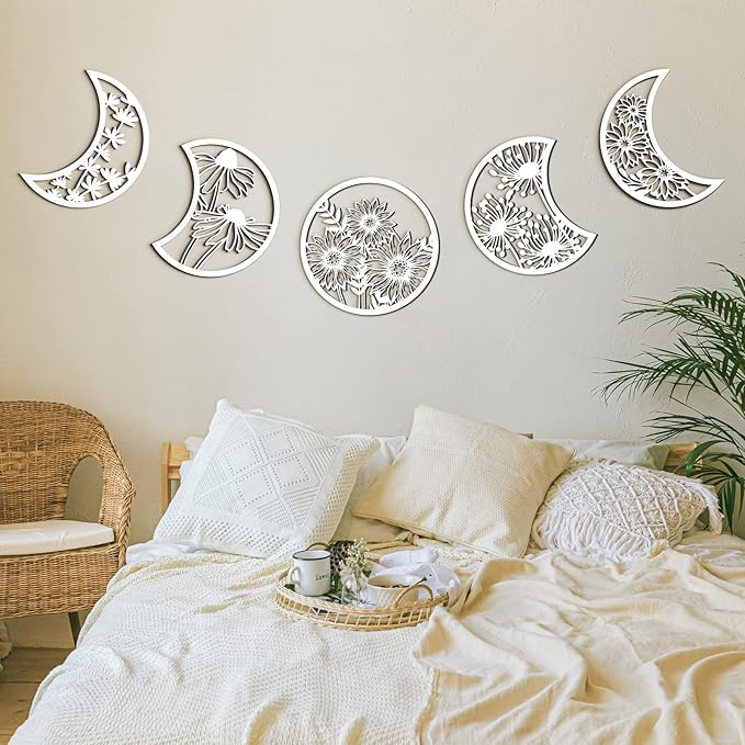 Jetec 5 Pcs Moon Phase Wall Hanging Decor Art Above Bed 10.6" H Boho Moon Phase Wood Wall Pediment Ornament for Living Room Bedroom Home Decoration Room Apartment Bar(White)