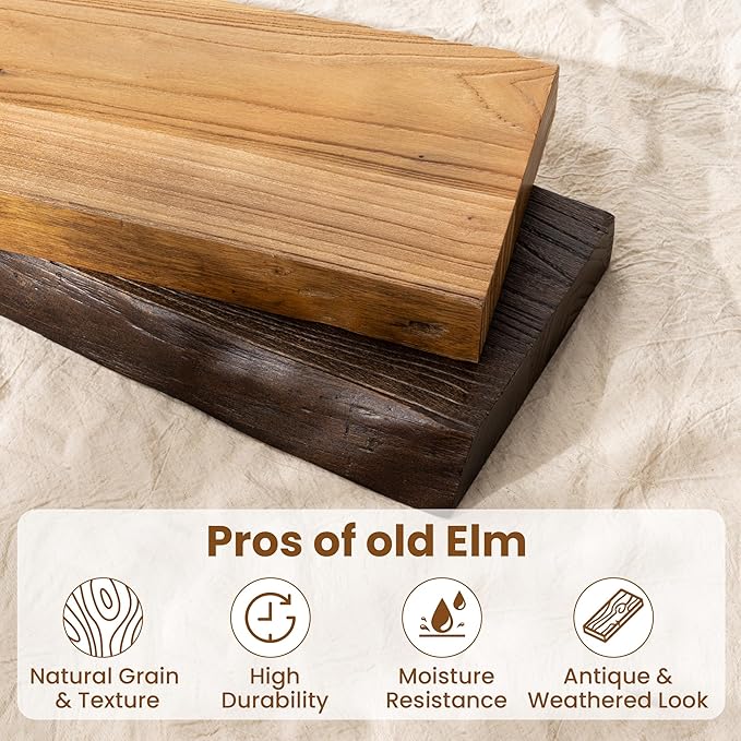30" Floating Shelves, Live Edge Solid Elm Wood Floating Shelf, Wall Mounted Display Shelves with Heavy-Duty Bracket for Books, Rustic Wooden Shelf for Kitchen, Bathroom, Walnut Color, Set of 2
