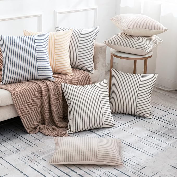 YCOLL Farmhouse Pillow Covers 12x20, Modern Accent Lumbar Throw Pillow Covers Set of 2, Khaki Striped Patchwork Linen Decorative Pillows Cushion Covers for Couch Chair Bedroom Fall Decorations