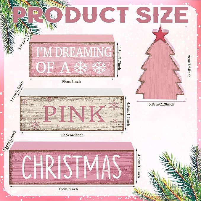 4 Pcs Christmas Table Decoration Wooden Pink Christmas Tree Centerpieces Decor Winter Tiered Tray Decor Rustic Decorative Tree Block Signs Gift Farmhouse Xmas Decoration for Home Kitchen