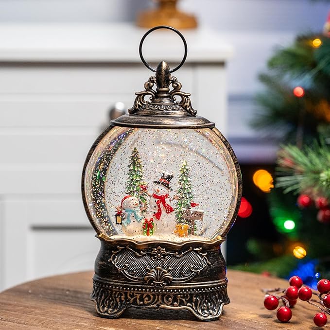 Christmas Snow Globes, Snowman Family Squirrel Cardinal Water Lantern, 8 Christmas Music, USB Powered & Battery, Holiday Decorations Gifts for Family Children or Friends