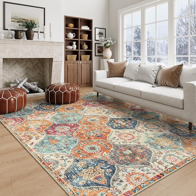 Lahome Moroccan 5x8 Area Rug, Ultra-Thin Washable Rugs for Living Room Bedroom, Soft Large Oriental Non-Slip Non Shedding Throw Large Carpet for Dining Room Office, Cream/Multi