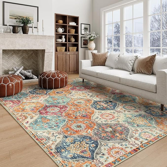 Lahome Moroccan 5x8 Area Rug, Ultra-Thin Washable Rugs for Living Room Bedroom, Soft Large Oriental Non-Slip Non Shedding Throw Large Carpet for Dining Room Office, Cream/Multi