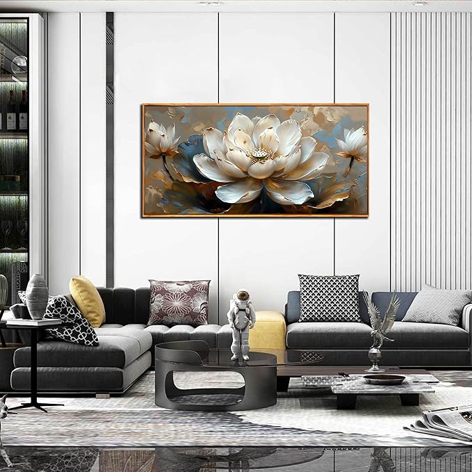 Lotus Canvas Wall Art - White Flower Painting - Modern Framed Art Size 24" x 48" for Living Room