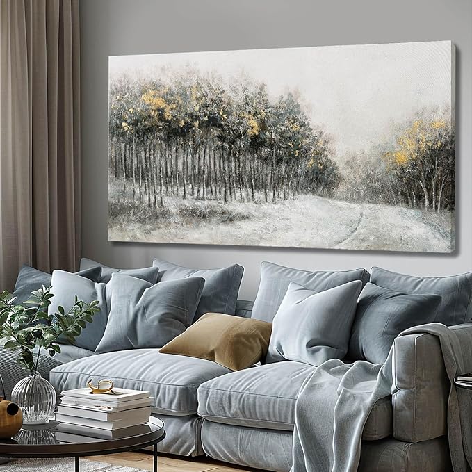 CHUDANHAO Minimalist Wall Art Grey and White Forest Wall Decor Gold Foil Artwork for Walls Nature Posters for Kitchen Dining Room 24x48 Inch