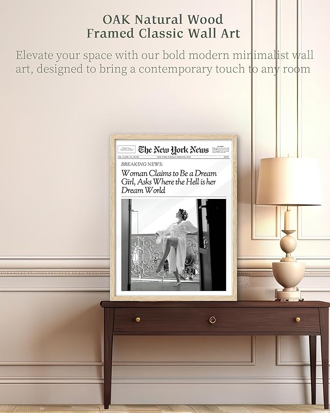 iHery Natural OAK Wood Newspaper Trendy Framed Wall Art, Large 16x20 in Vintage Headline Canvas Wall Art, Beige Retro Bedroom Decor, Woman Claims to Be a Dream Girl, Living Room Apartment Set of 1