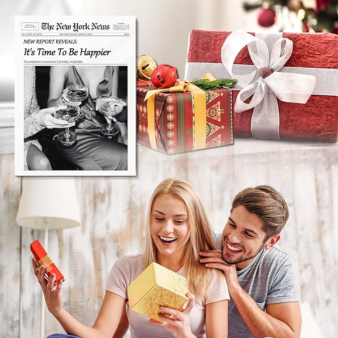 Trendy Wall Art Black and White Newspaper Poster Time To Be Happier Champagne Toast Canvas Wall Decor Retro News paper Style Home Decor for Living Room Home Dorm Alcohol Artwork for Gift 8x10 Framed