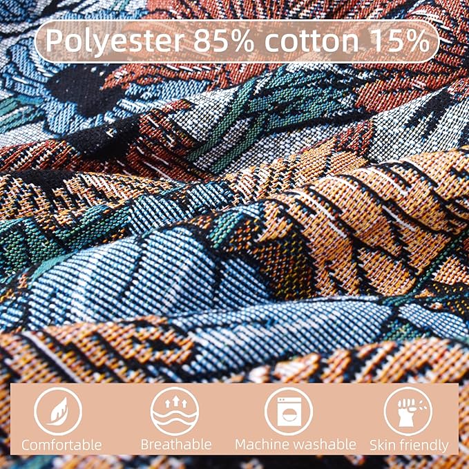 Boho Throw Blanket Reversible Cotton Bohemian Tapestry Hippie Room Decor Double Sided (Boho Flower Dark 50"x60")