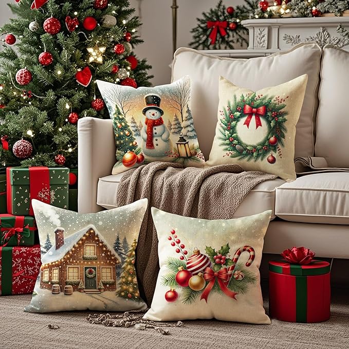 Christmas Pillow Covers 16x16 inch Set of 4, Holiday Winter Outdoor Vintage Tree Snowflake Xmas Snowman Neutral Farmhouse Gold Seasonal Burlap Decorations for Sofa Couch