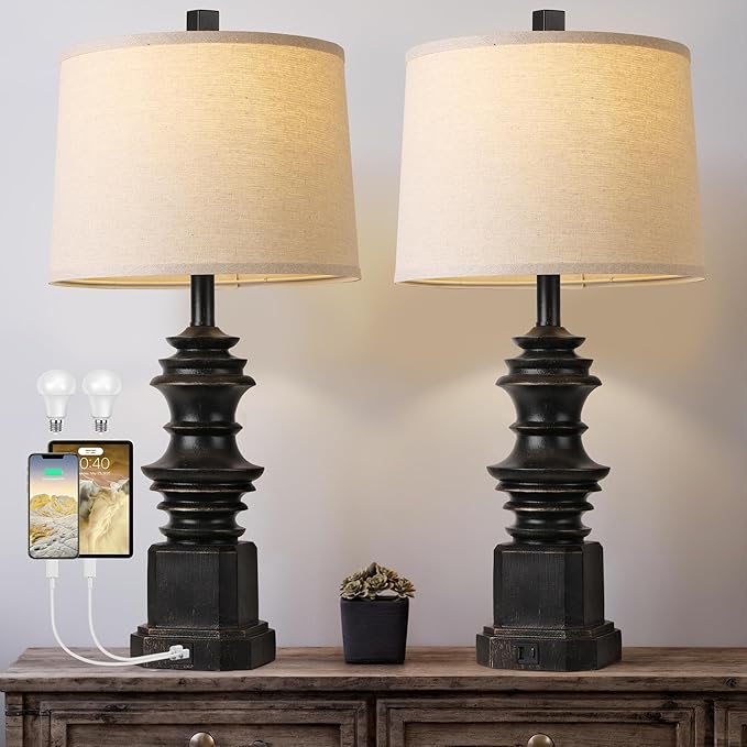 QiMH Table Lamps for Nightstand Set of 2, Bedside Lamp with USB A+C Charging Ports, Farmhouse Table Lamp with Linen Lampshade, Lamps for Living Room, Bedroom Lamps with LED Bulbs, Black