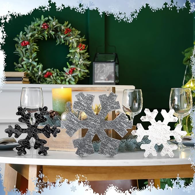 Bucherry 3 Pcs Winter Wooden Snowflake Decor Rustic Winter Snowflake Table Signs Wonderland Wood Blocks Farmhouse Christmas Tiered Tray Decorations for Xmas Table Shelf(Gray, White, Black)