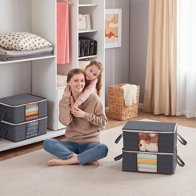 Lifewit 8 Pack Clothes Storage Bag, Foldable Storage Bin Closet Organizer with Reinforced Handle, Sturdy Fabric Blanket Storage with Clear Window, Storage Containers for Clothing, Bedding, Gray