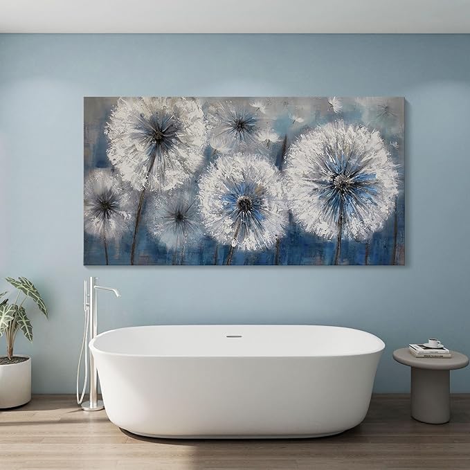 Dandelion Wall Art Blue Large Picture for Living Room Canvas Art Wall Decor Above Bed White Flower Artwork for Walls Wall Paintings Modern Art Aall Decor Framed Wall Art for Bedroom 29×58IN