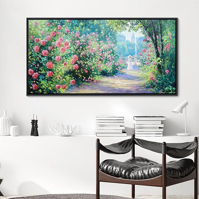 CHATYOUNG Framed Canvas Wall Art, Large Landscape Wall Painting 24"X48" Blooming Roses Spring Wall Art Green Plant Pictures for Living Room Bedroom Kitchen Home Decor Gifts for Women
