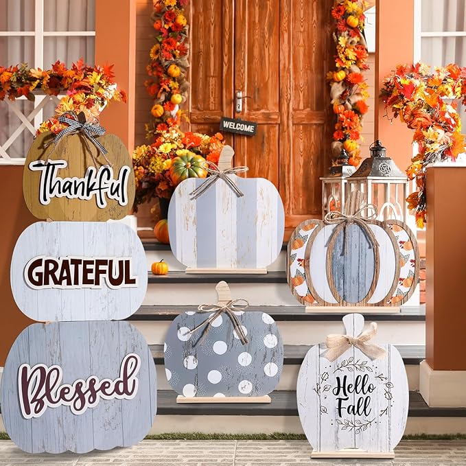 Bucherry 5 Set Fall Porch Decoration Pumpkin Wood Porch Standings Thankful Grateful Blessed Hello Fall Welcome Sign Decor with Base for Thanksgiving Festival Home Front Door Garden(Grey Style)