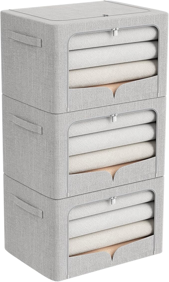 3 Pack Clothes Storage Bins - Foldable Metal Frame Storage Box - Stackable Linen Fabric Container Organizer Set with Carrying Handles and Clear Window (Light Gray, 15.7x11.8x7.8inch(22L))