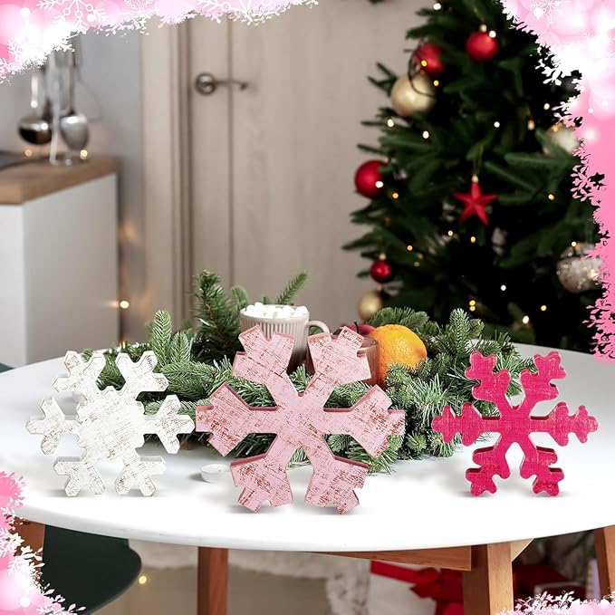 Bucherry 3 Pcs Winter Wooden Snowflake Decor Rustic Winter Snowflake Table Signs Wonderland Wood Blocks Farmhouse Christmas Tiered Tray Decorations for Xmas Table Shelf(Pink, Rose Red, White)