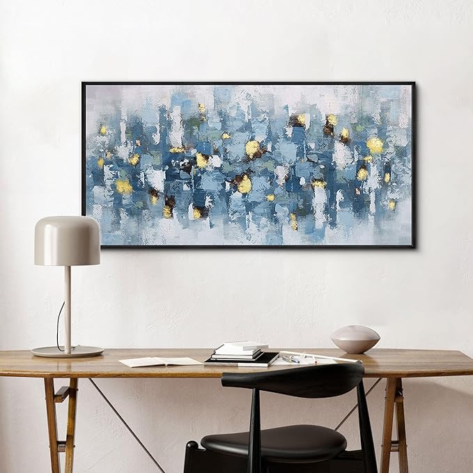 KLAKLA Blue and White Abstract Wall Art - Living Room Wall Decor Gold Picture Artwork for Walls Prints Paintings Framed Canvas Bedroom Office Guest Room Home Decoration 40x20 Inches