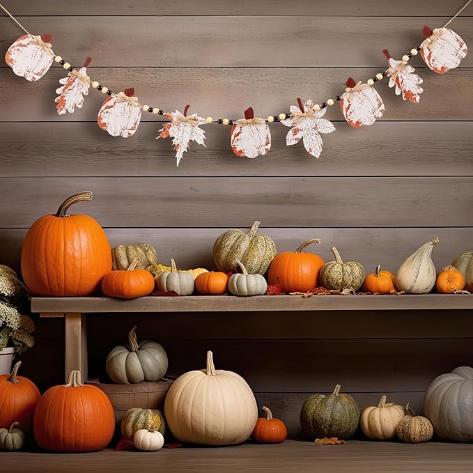 Yalikop 6.9 ft Fall Garland Wood Bead Banner with Pumpkin and Maple Leaves Thanksgiving Hanging Decorations for Farmhouse Home Wall Fireplace Autumn Halloween Birthday Baby Shower Party