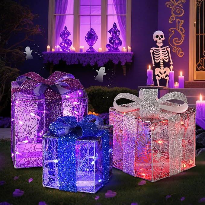 DomKom Plug-in Set of 3 Halloween Lighted Gift Boxes Decorations with 60 LEDs Metal Frame Halloween Present Boxes Decor for Holiday Home Indoor Garden Party Favors