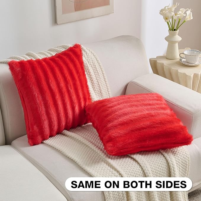 FUTEI Red Decorative Throw Pillow Covers 16x16 Inch Set of 2,Soft Fluffy Faux Mink Fur Dyeing Striped Textured Cushion Case,Modern Home Decor for Couch Bed Living Room