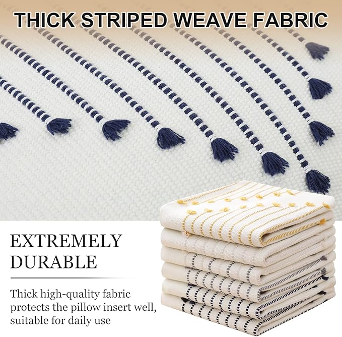 Mecatny Boho Outdoor Throw Pillow Covers 20X20 Set of 2, Farmhouse Decorative Pillow Covers for Couch Sofa Living Room, Navy & Cream White