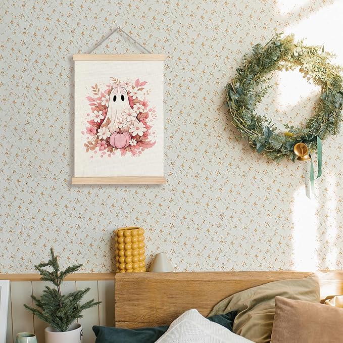 Supwhd Fall Floral Halloween Ghost Wall Art with Wooden Poster Hanger, Pink Bow Ghost Coquette Wall Decor, Coquette Preppy Room Decor, Halloween Pictures Wall Decor, 16x24