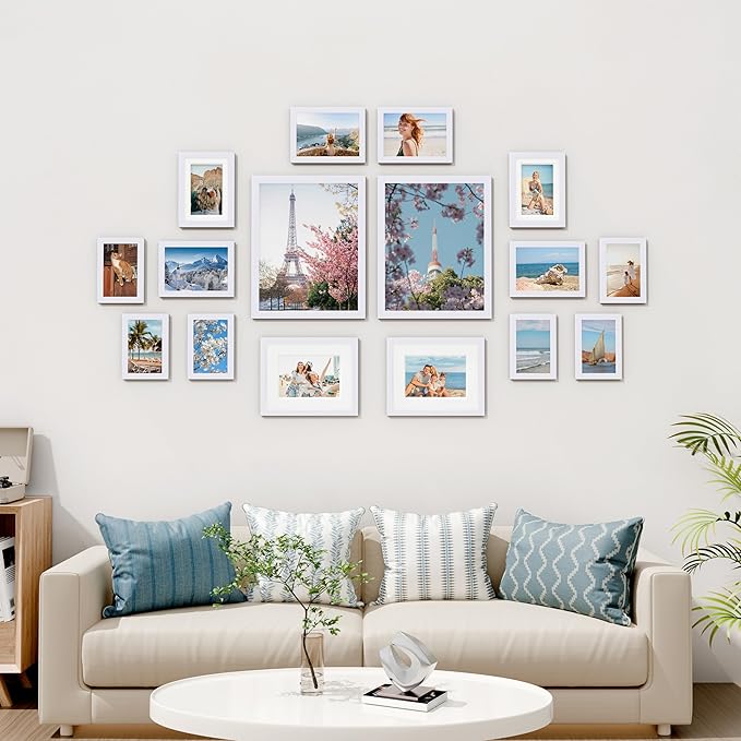 Vittanly Picture Frames Set of 16, Gallery Wall Frame Set with 2Pcs 11x14, 2Pcs 8x10, 6Pcs 5x7 and 6Pcs 4x6 Photo Frames, Picture Frames Collage Wall Decor for Wall or Tabletop Display, White