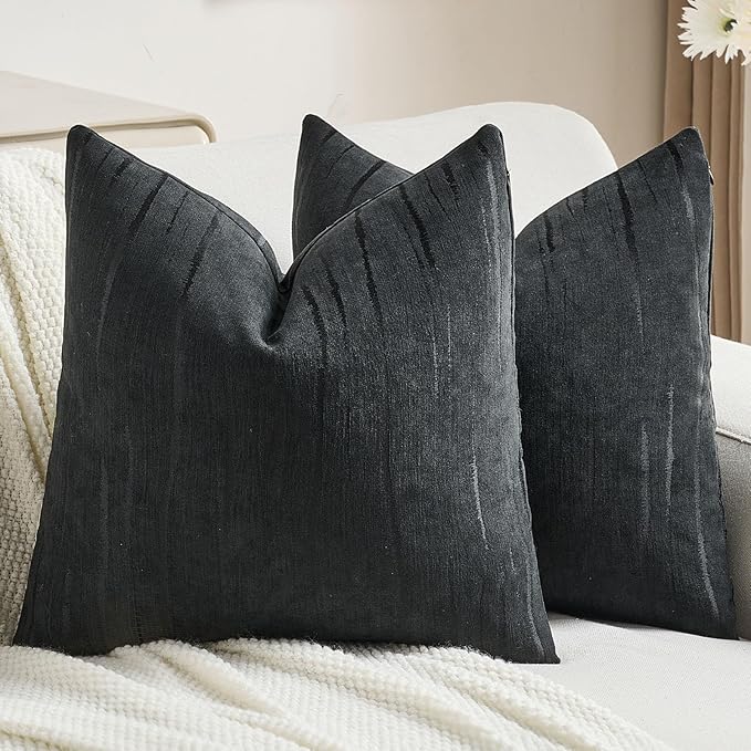 FUTEI Black Chenille Decorative Throw Pillow Covers 26x26 Inch Set of 2,Soft Embossed Striped Textured Euro Pillow Shams,Modern Home Decor for Couch Bed Living Room