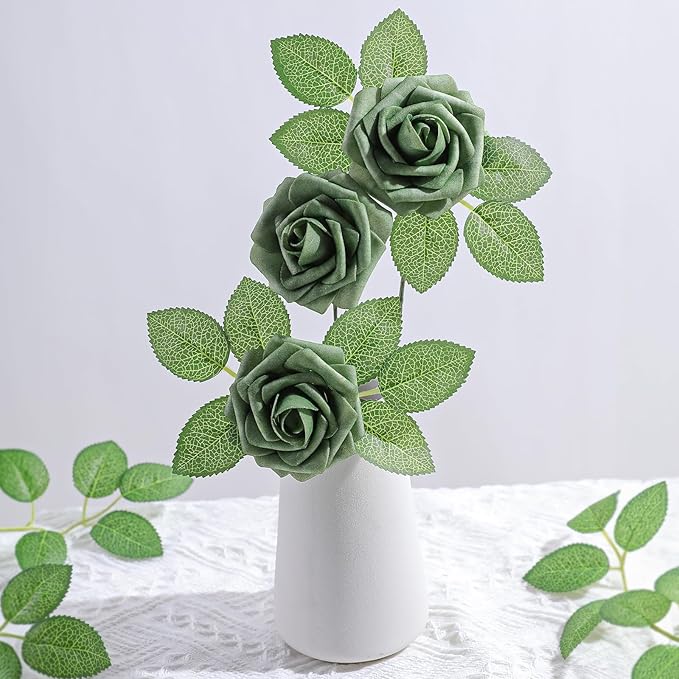 AmyHomie Artificial Flowers Green Rose 25pcs Real Looking Fake Roses w/Stem for DIY Wedding Bouquets Centerpieces Arrangements Party Baby Shower Home Decorations