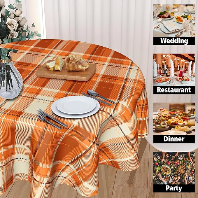 Kawani Fall Orange Tablecloth Round 60” Autumn Thanksgiving Buffalo Plaids Tablecloths Fall Checkered Decoration Round Table Cover Washable House Decor for Kitchen Dining Room Farmhouse Holiday