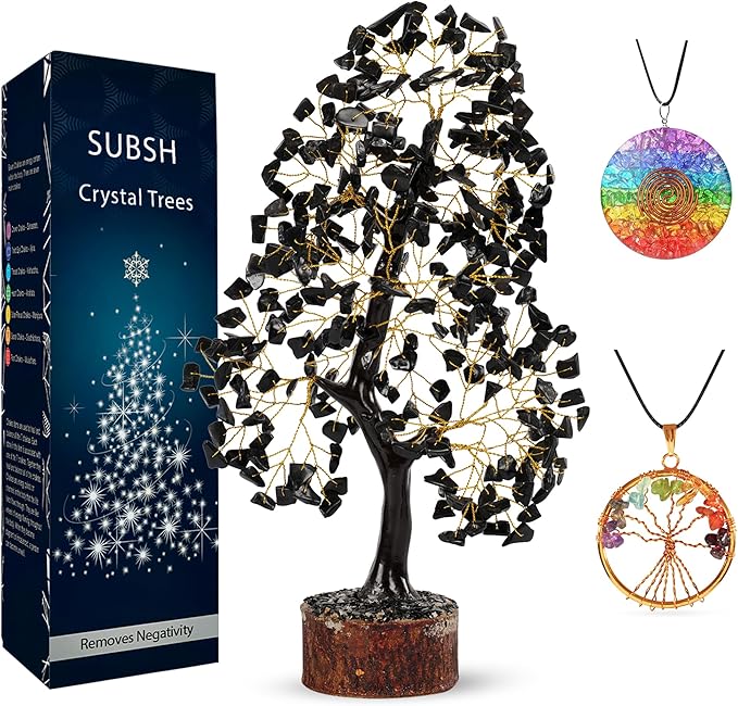 Black Tourmaline Crystal Tree of Life, Chakra Pendant Gemstone Tree, Chakra Healing Tree for Home Decor, Gifts for Women, Bonsai Trees for Positive Energy, Office Desk Decor, Room Decor 10-12"