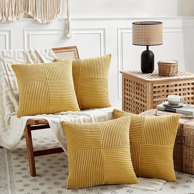 Fancy Homi 4 Packs Mustard Yellow Decorative Throw Pillow Covers 16x16 Inch for Living Room Couch Bed, Rustic Farmhouse Boho Home Decor, Soft Cross Patchwork Corduroy Textured Cushion Case 40x40 cm