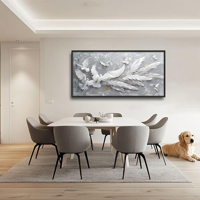 Quorin Feather Dove Bird Large Wall Art White Gray Holy Wings Pictures Peaceful Birds Flying Wall Decor Canvas Print Painting Artwork for Bathroom Living Room Bedroom 60L x 30W