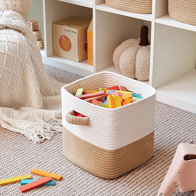 Storage Cube Baskets for Organizing -3 Pack -11 inch Square Baskets for Cube Storage, Closet Storage Bins-Woven Cube Storage Bins for Shelves- Ideal for Toy Storage |White & Khaki
