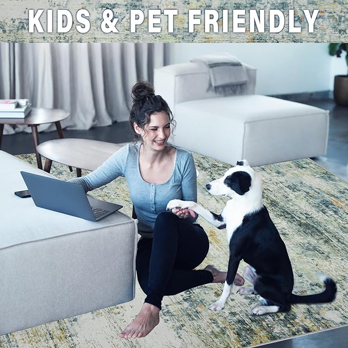 Area Rug Living Room Rugs: 6x9 Rug for Bedroom Machine Washable with Non Slip Backing Non Shedding Abstract Stain Resistant Large Carpet for Dining Room Nursery Home Office - Sage Green/Multi