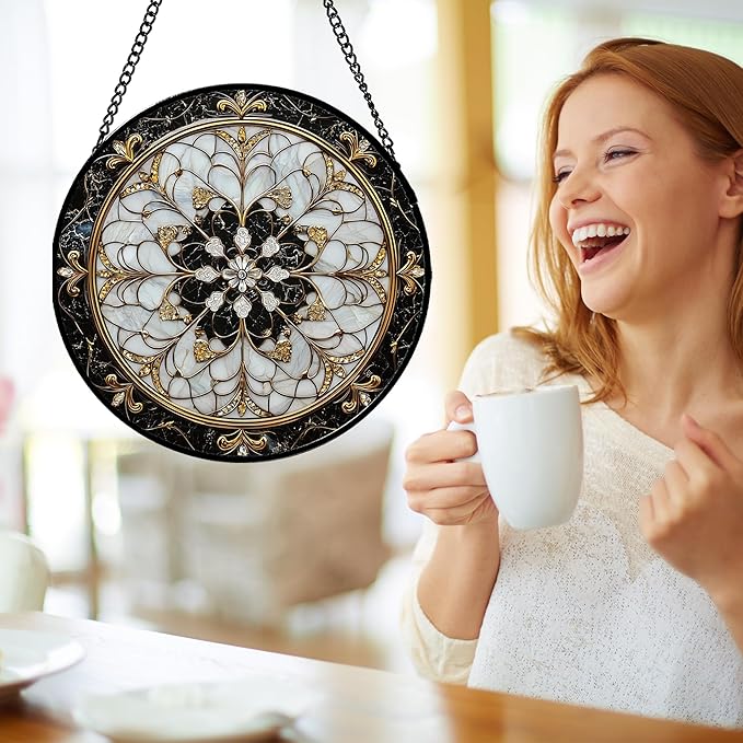 Stained Glass Window Hanging, Black and White Gold Boho Pattern Suncatcher for Doors Window Home Abstract Flower Sun Catchers Decor Mother's Day Birthday Gifts for Women, Men Mom 6.3 in
