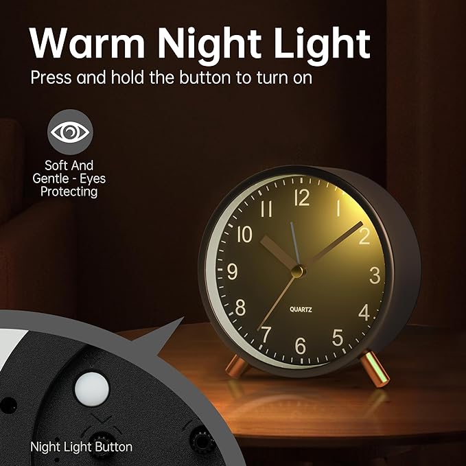 Analog Alarm Clock, 4 inch Super Silent Non Ticking Small Clock with Night Light, Battery Operated, Simple Design, easy setting for Office, Bedroom, Bedside, Desk, teens, elders, kids, adult, Black