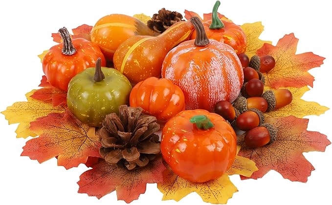 winemana Fall Decorations for Home-6pcs Mini Pumpkins & 2pcs Gourds, 30pcs Leaves & 10pcs Acorns, 2pcs Pinecones Centerpiece Set -Thanksgiving Harvest Decor for Table Mantel (Largest: 4.5" x 2.1")